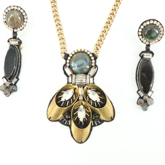 Ranjana Khan Labradorite Necklace Gold Tone Chain Clip On Earring Set - Picture 5 of 8